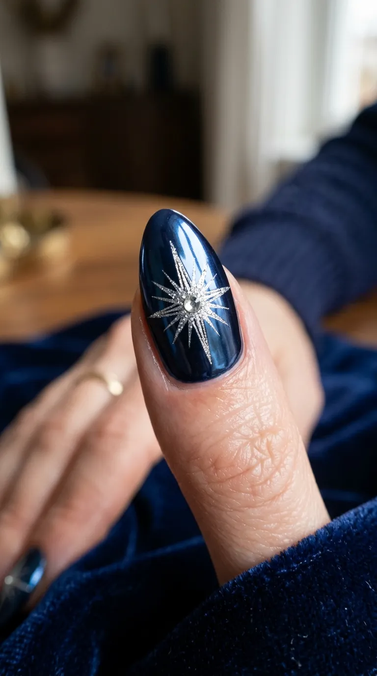 Navy chrome nails with silver starburst accent