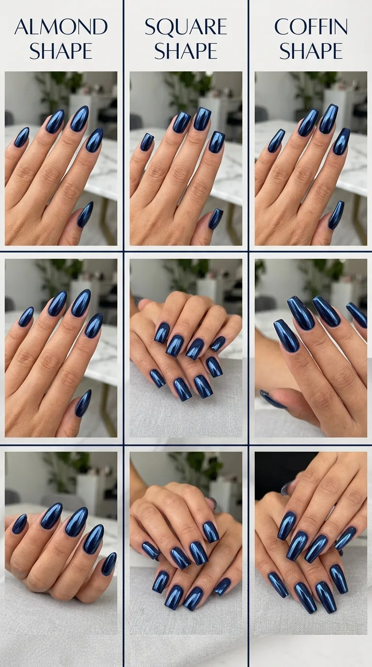Navy chrome nails on different shapes