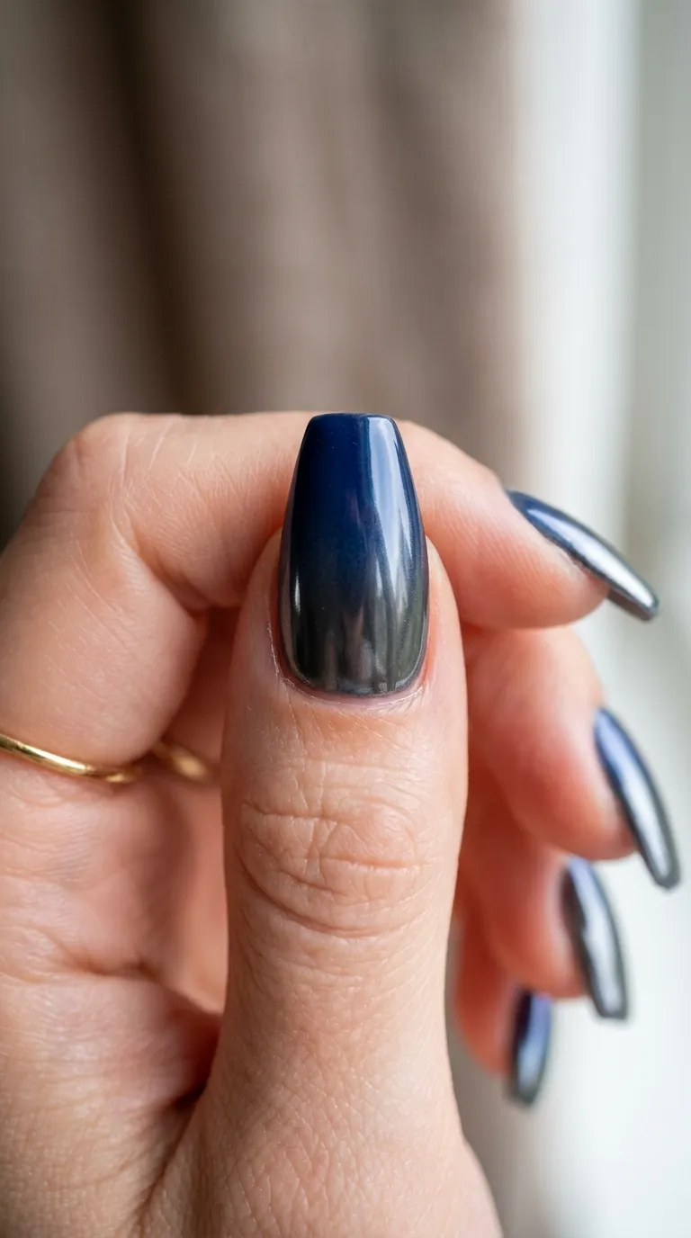 Navy to gunmetal chrome ombr&eacute; nails