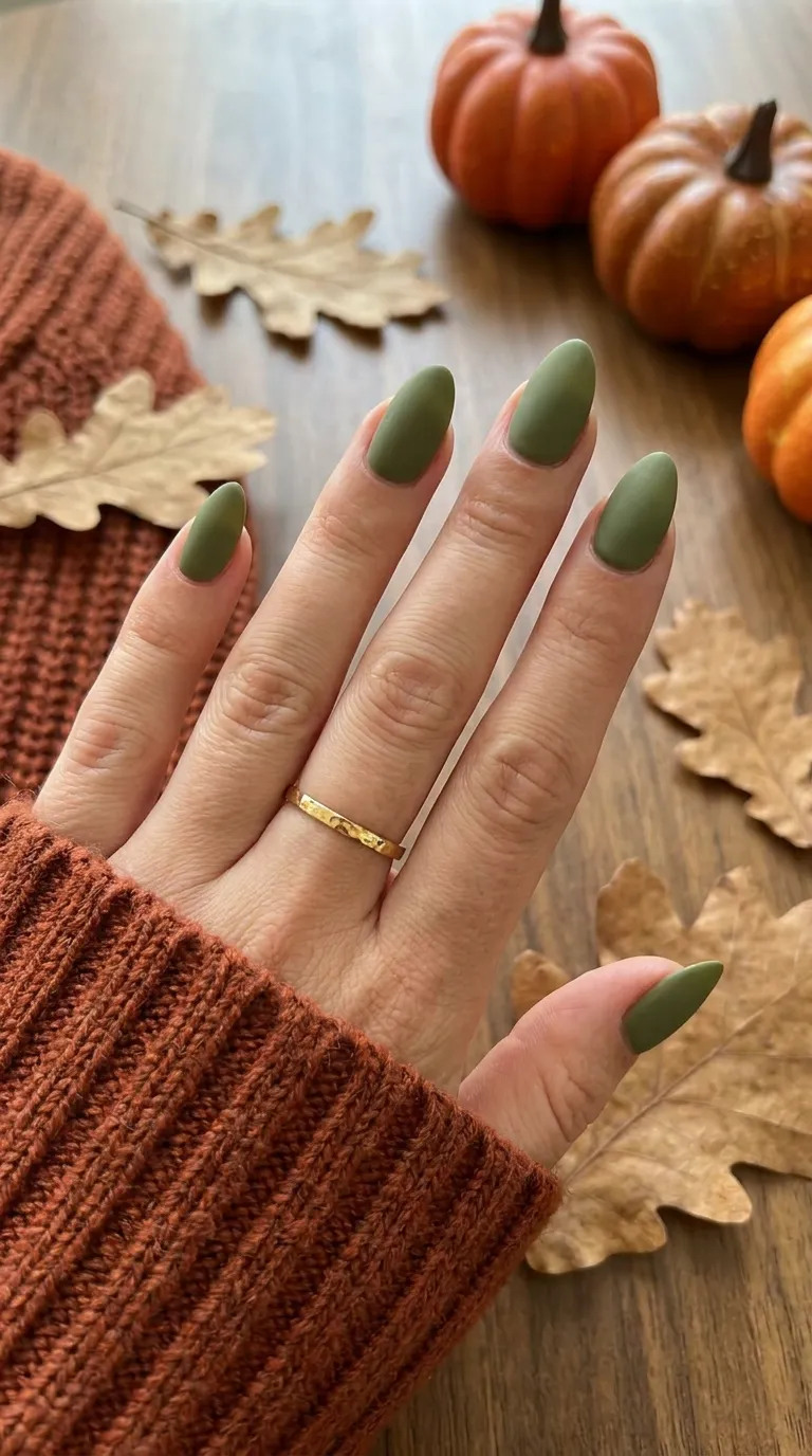 Olive green nail polish paired with a gold ring