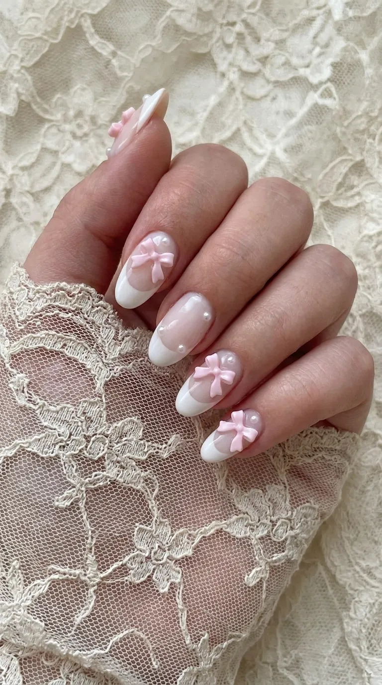 Pastel bow on milky French tip