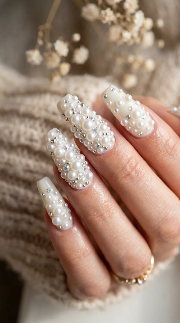Pearl flat-back embellished nails, dimensional texture