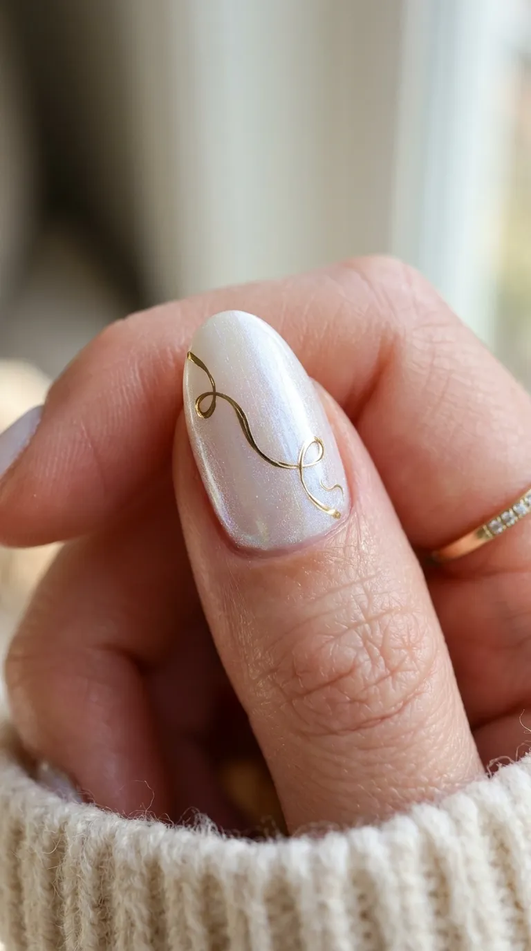 Iridescent shell tropicoqueta nail with a painted ribbon line