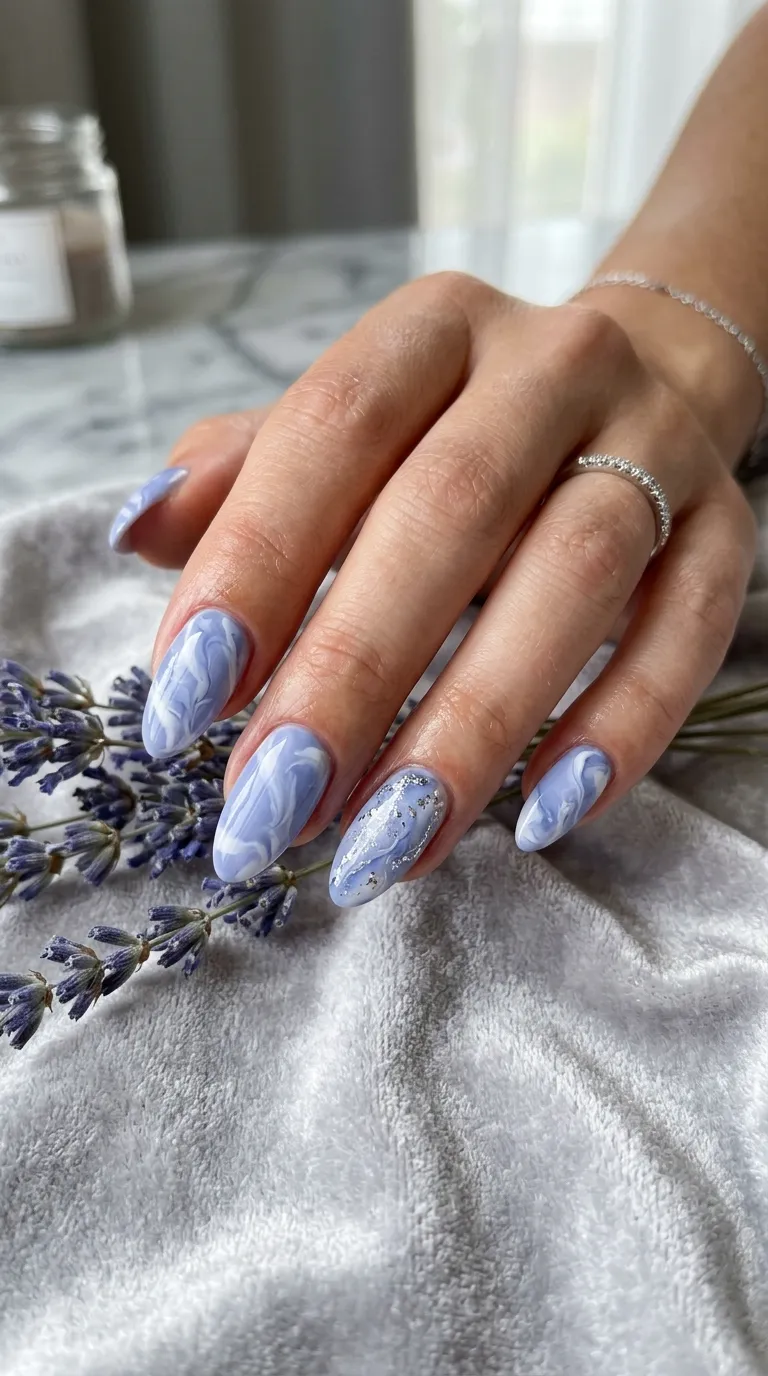 Periwinkle white marble nail art