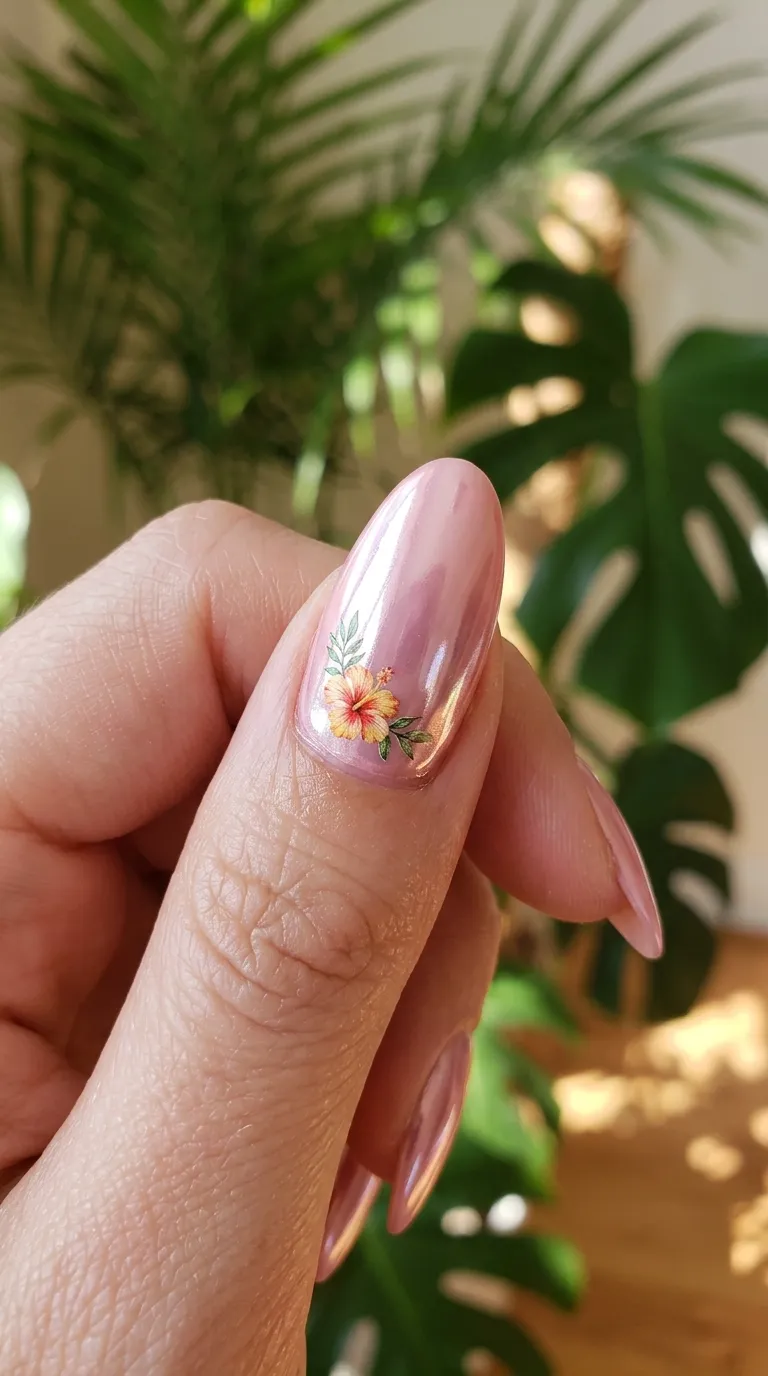 Pink chrome tropicoqueta nail with a tropical flower decal