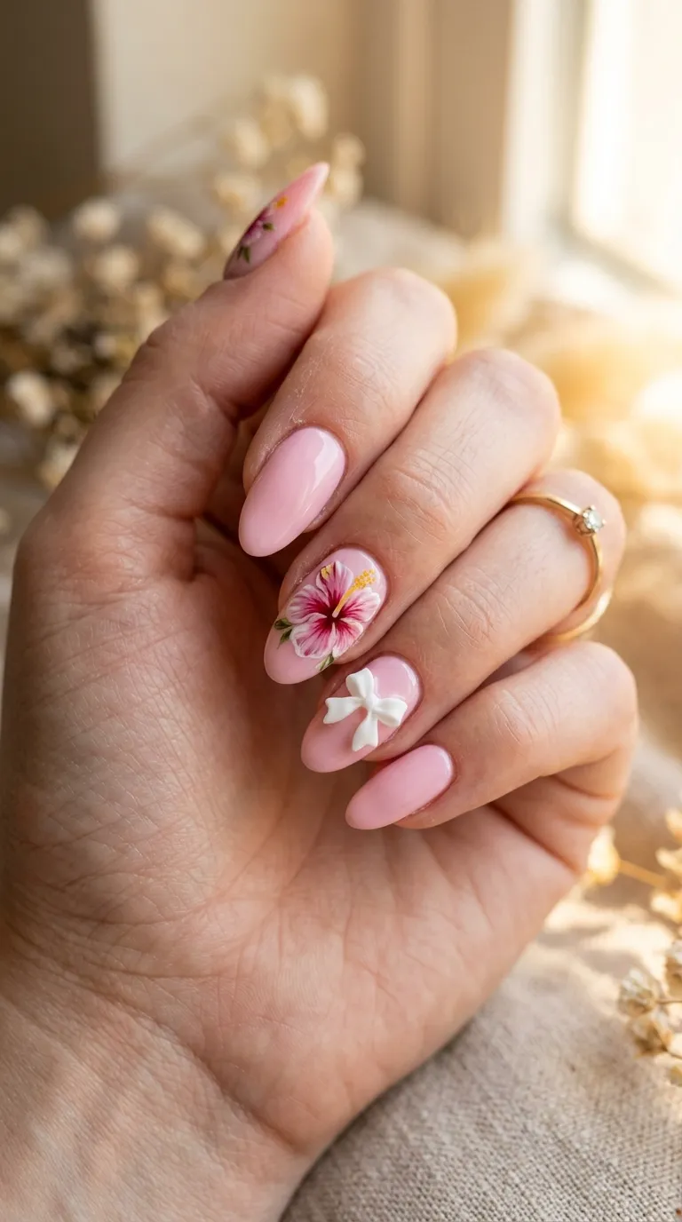 Bow and hibiscus accent tropicoqueta nail close-up