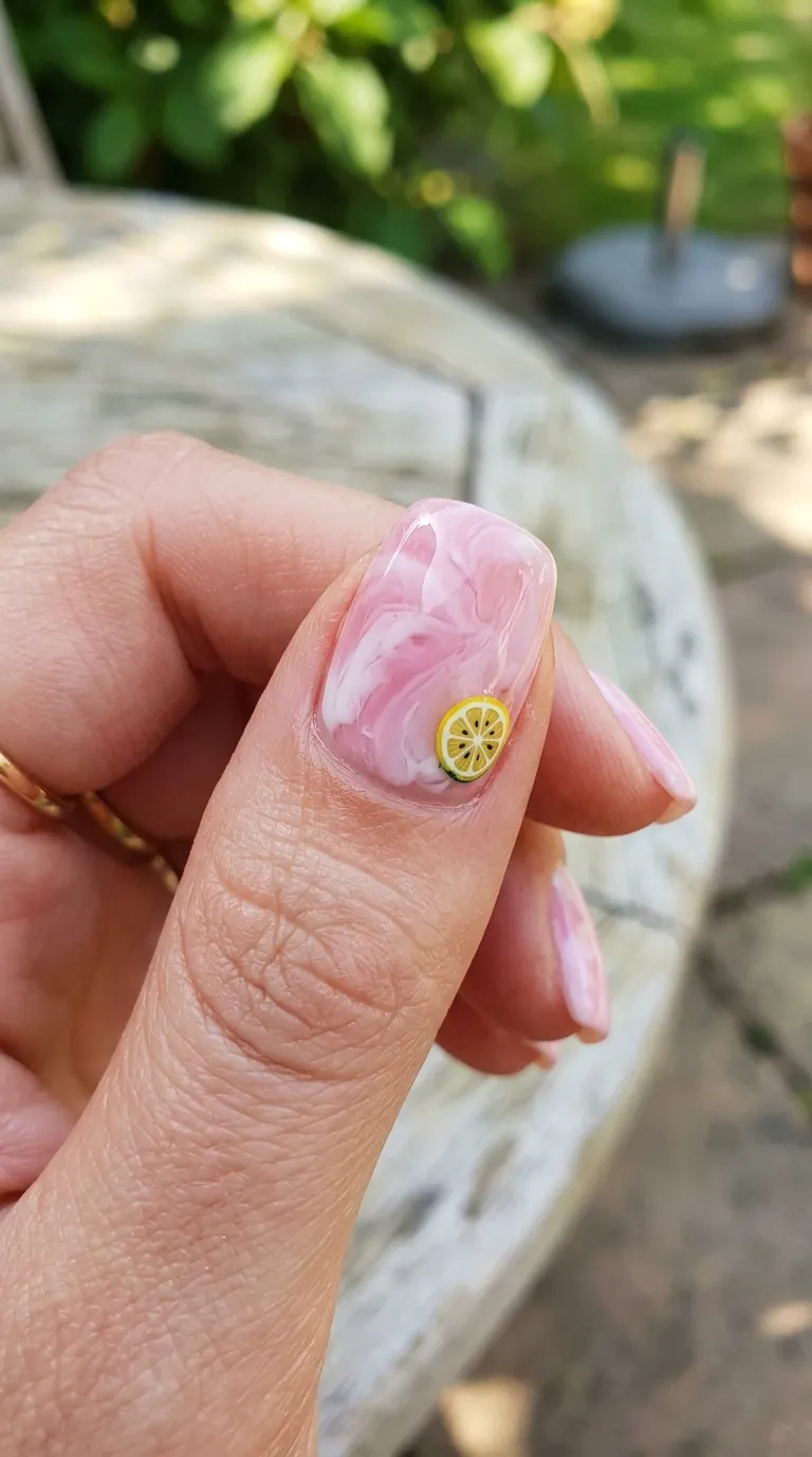 Pink lemonade marble tropicoqueta nail with a lemon slice