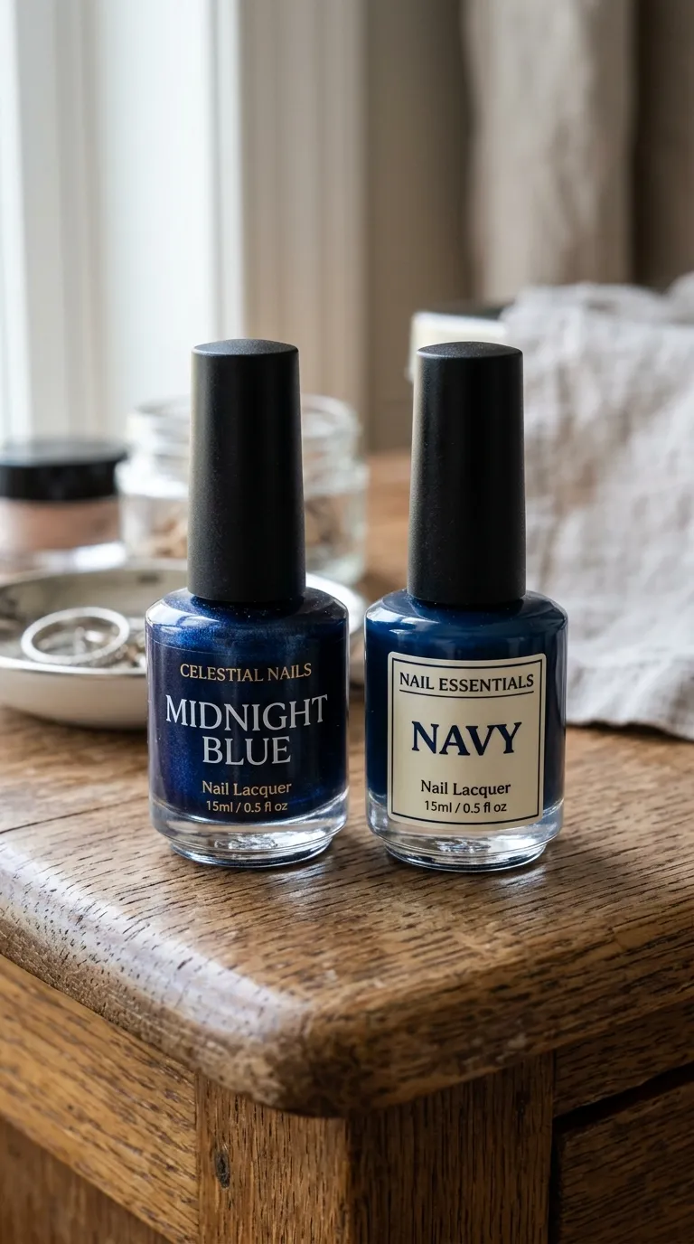 Midnight blue and navy nail polish bottles