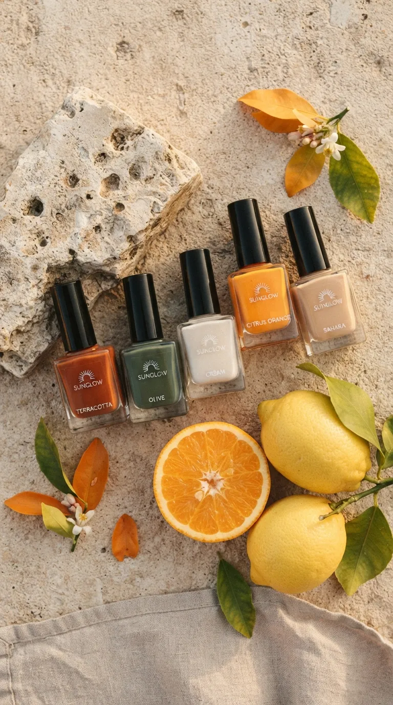 Flat lay of terracotta, olive and citrus Spain nails polish bottles