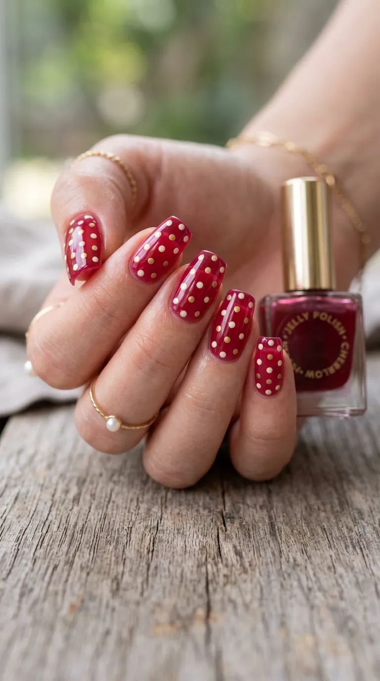Polka dot jelly nail art over cherry base