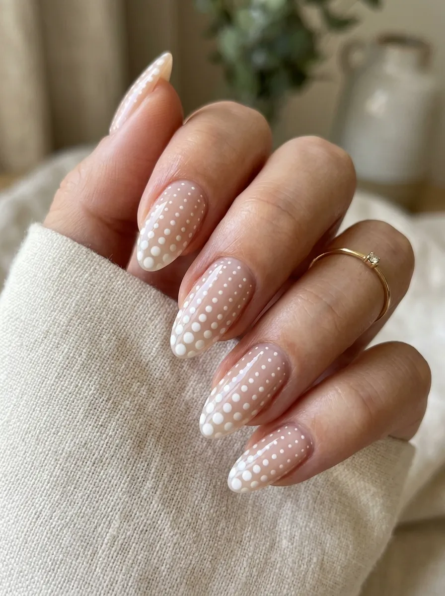 polka dot nails hand-painted on milky nude base