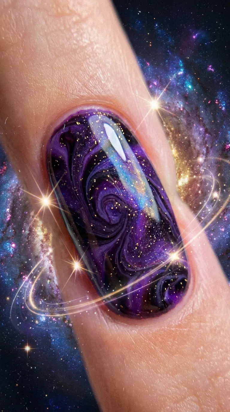 Marbled purple nebula Tame Impala nail with gold glitter