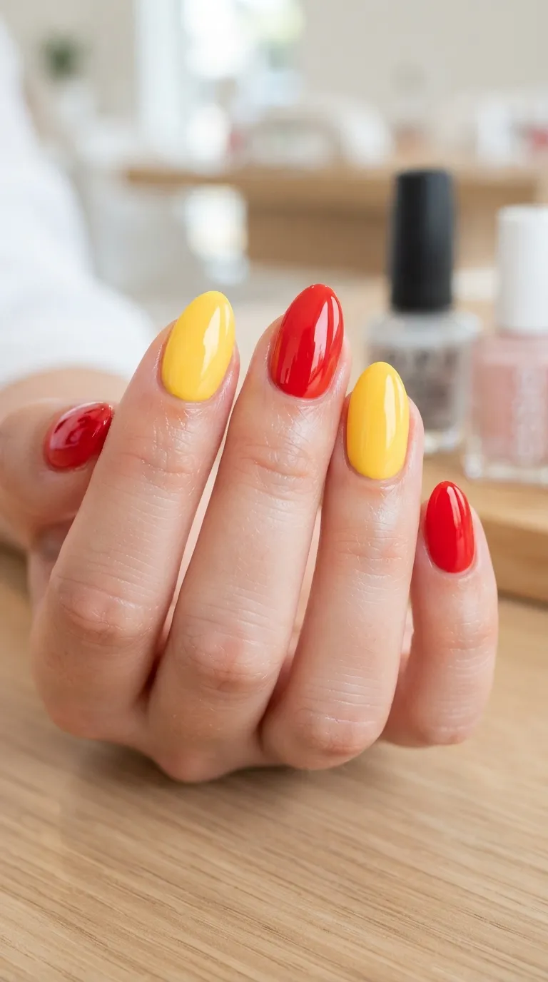 Red and yellow flag block Spain nails, glossy finish