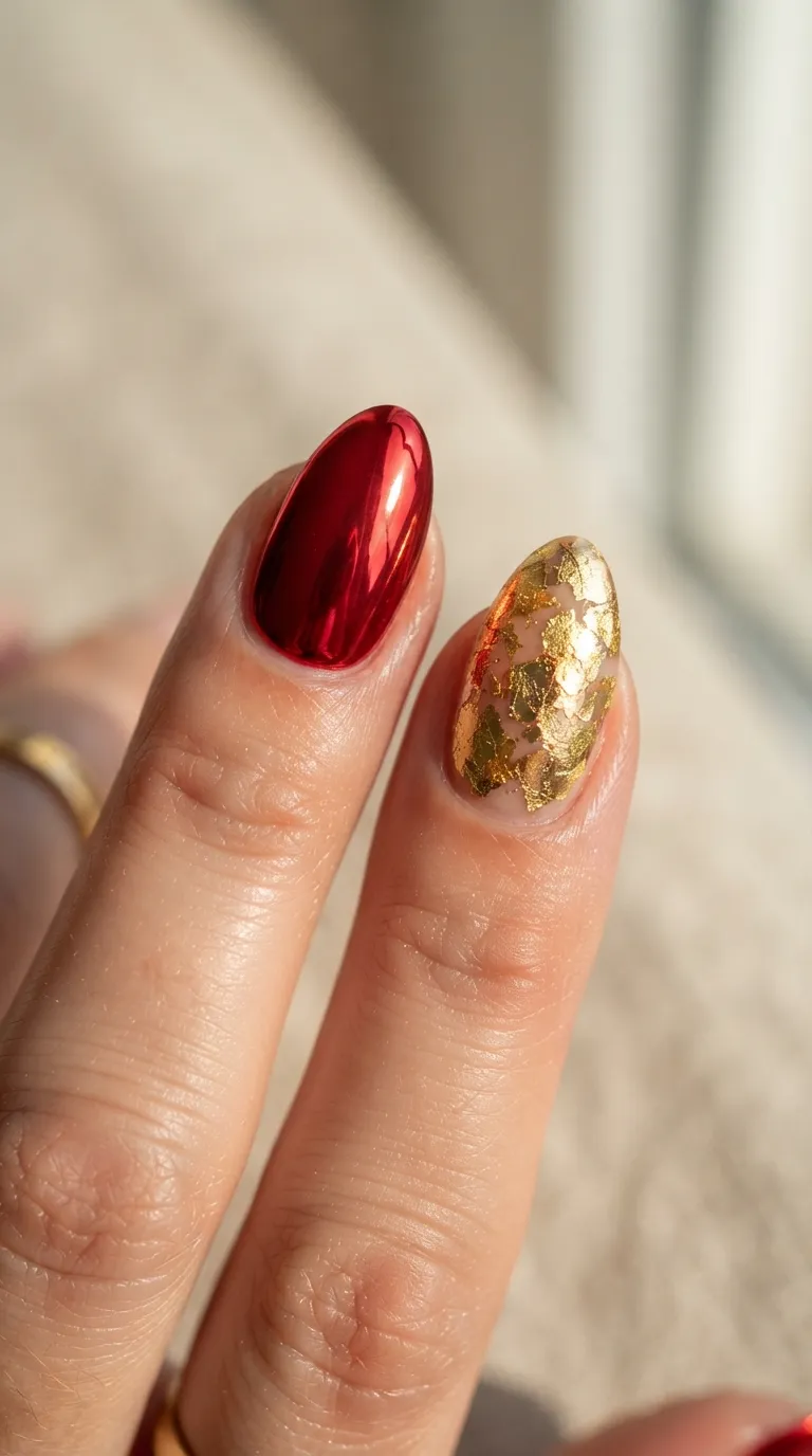 Red chrome Spain nail with a gold foil accent