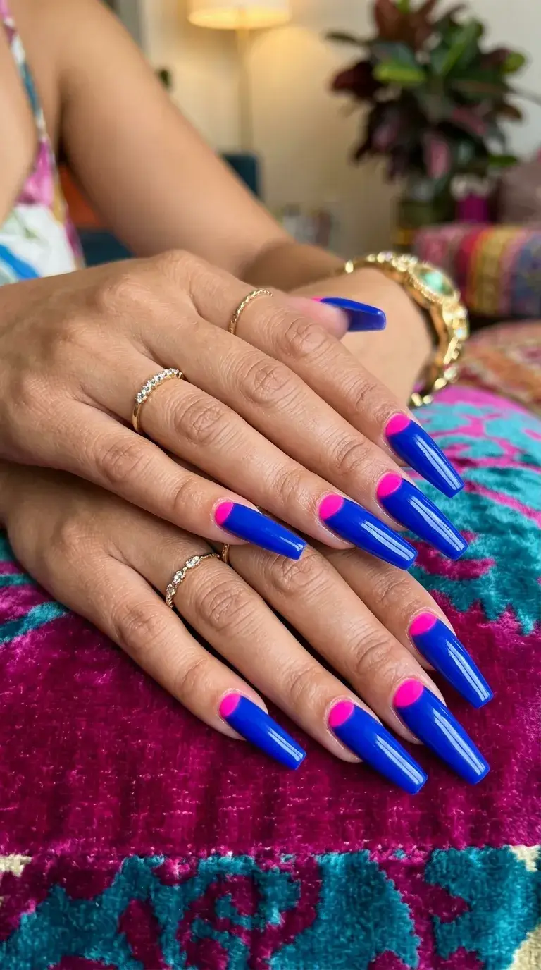 Reverse French nails on long coffin shape