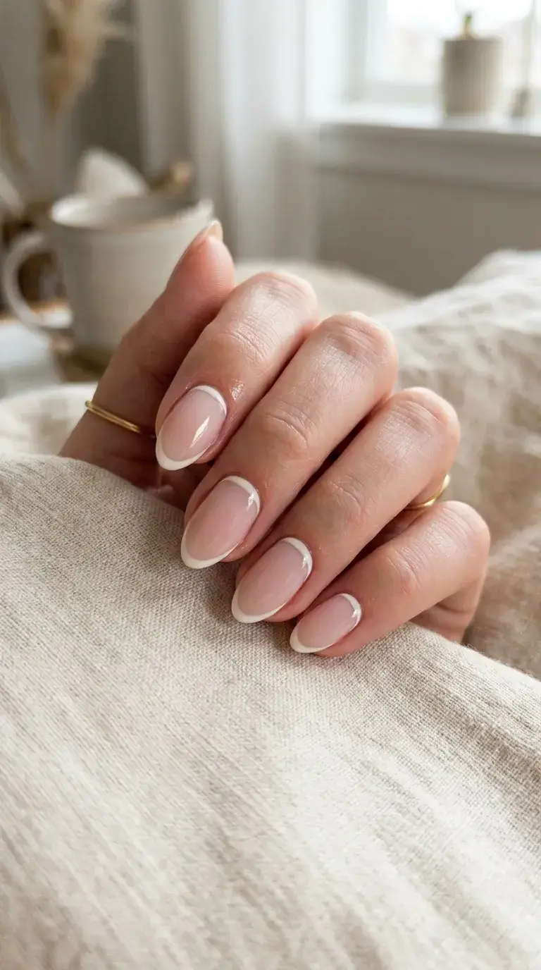 Reverse French nails on short almond shape