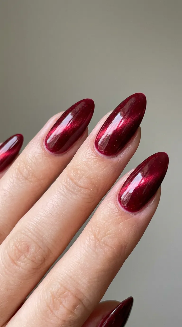 Close-up of red cat eye nails catching directional light with dramatic salon-style shimmer