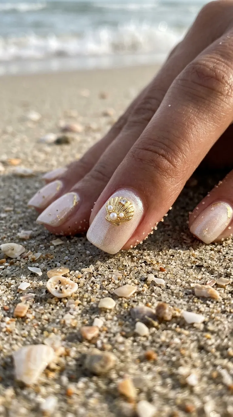Tiny seashell charm accent nail on a sandy background