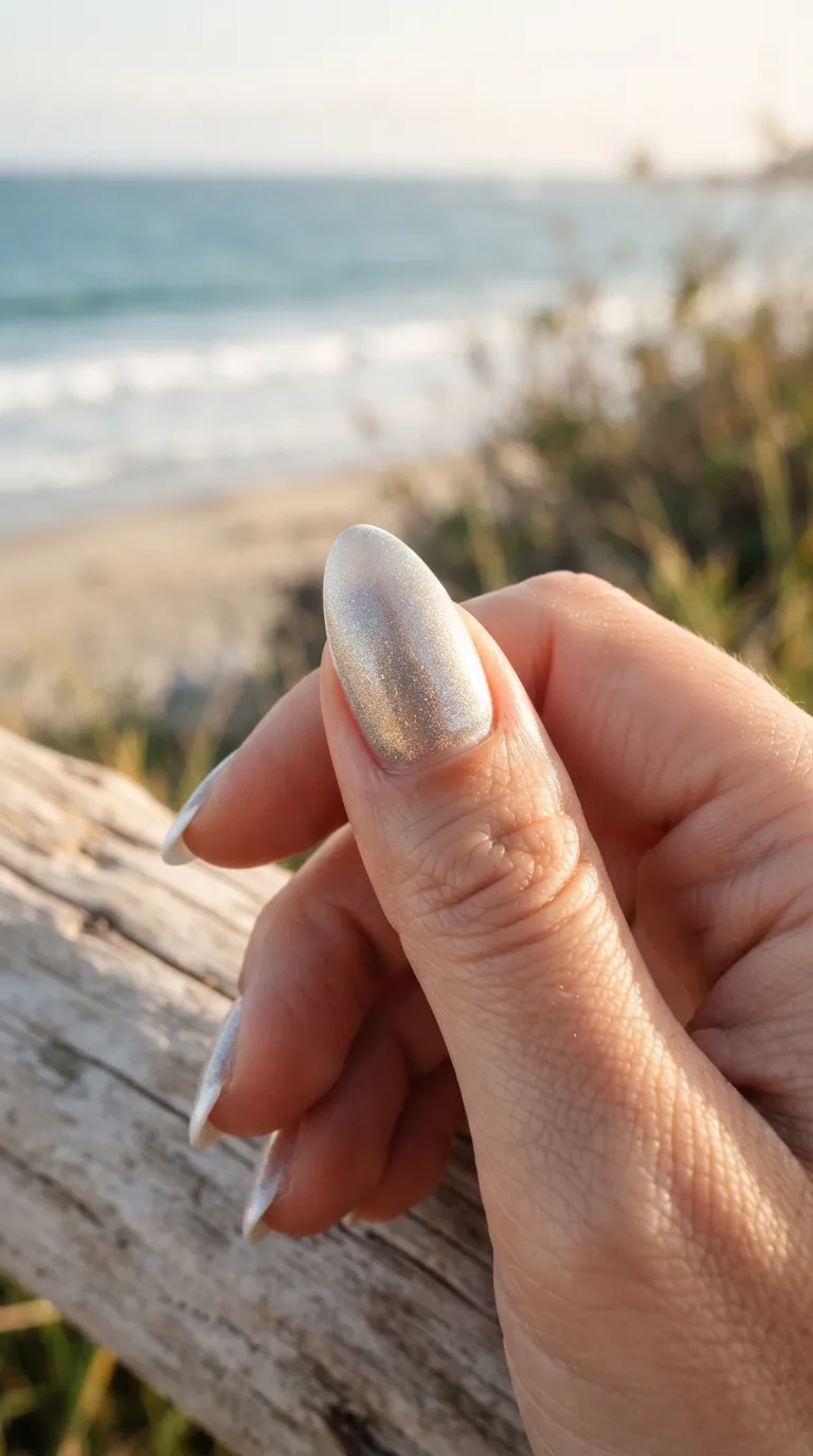 Coastal tin shimmer Spain nail with golden undertone
