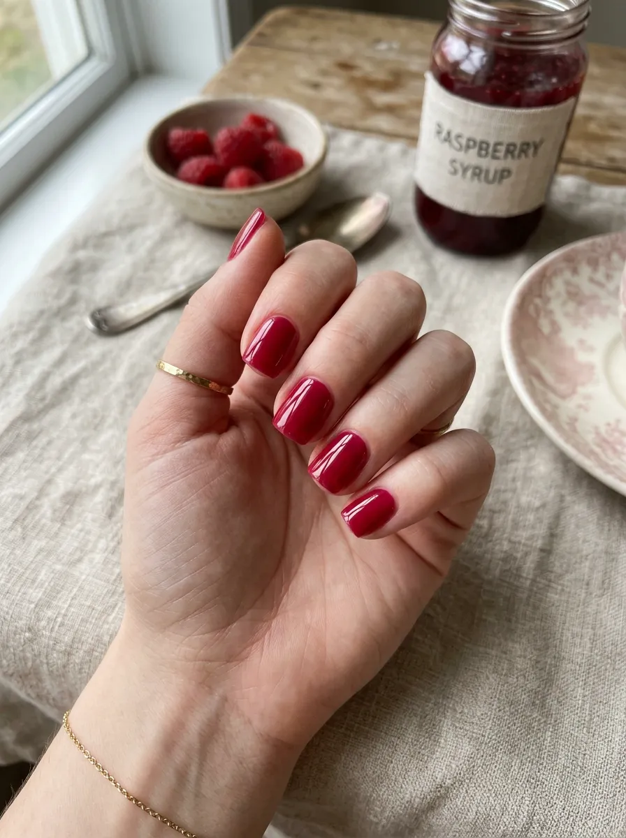 short square syrup nails raspberry finish