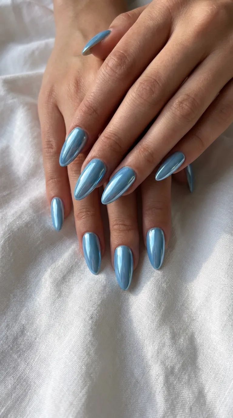 Sky blue chrome nails against white linen fabric