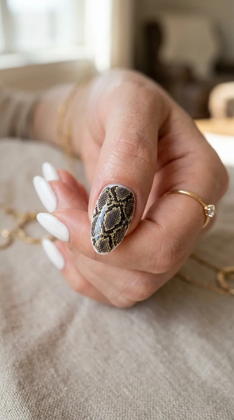 Snake-print accent nail on a white base