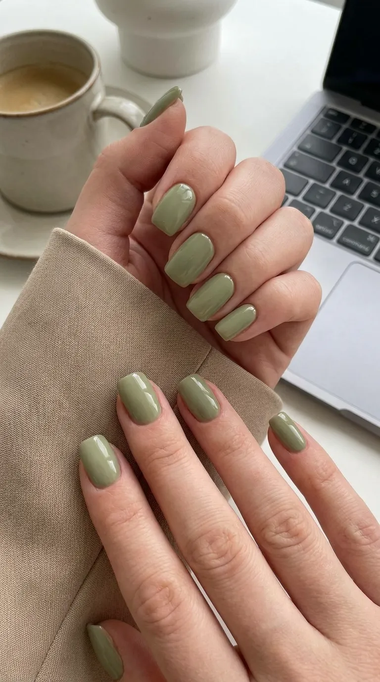 Squoval nails in a soft olive tone