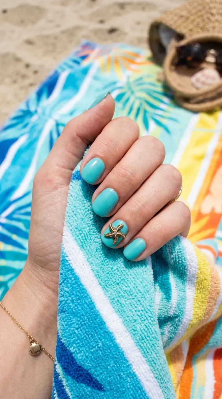 Starfish charm on a turquoise base accent nail