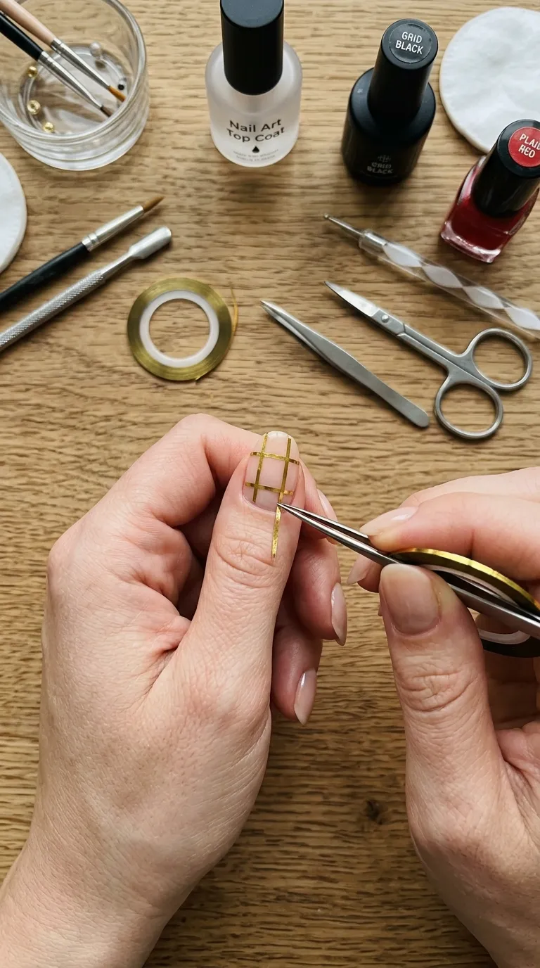 plaid nails striping tape technique