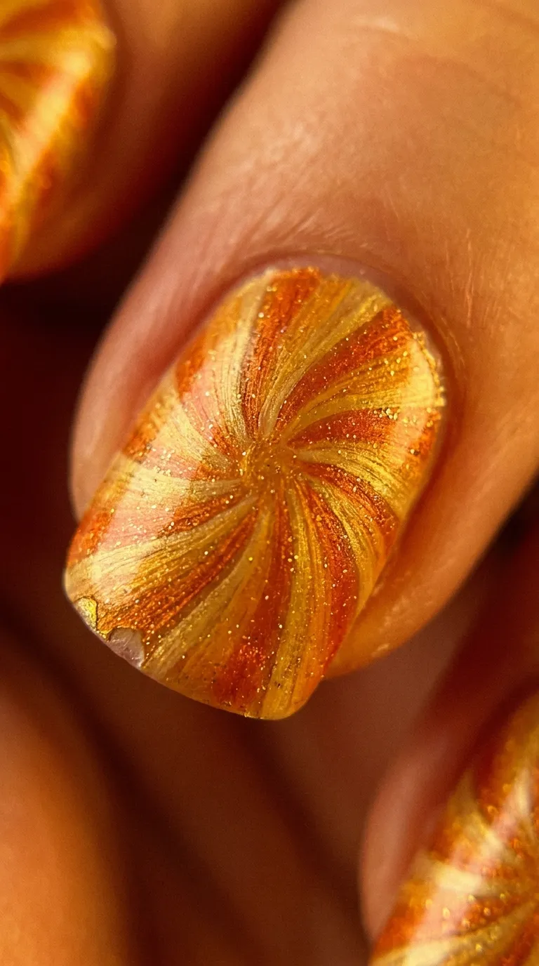Retro sunburst accent Tame Impala nail in orange and yellow