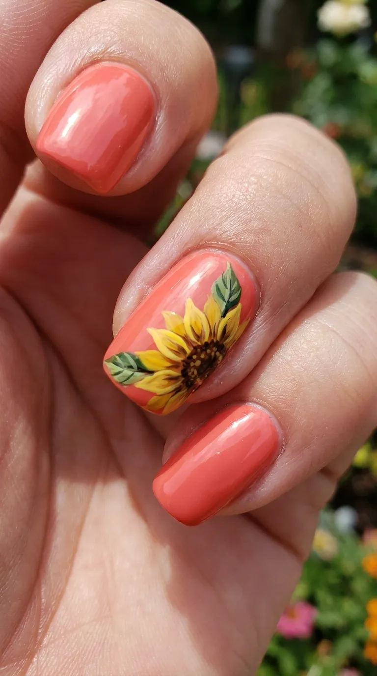 Sunflower accent nail on a coral base