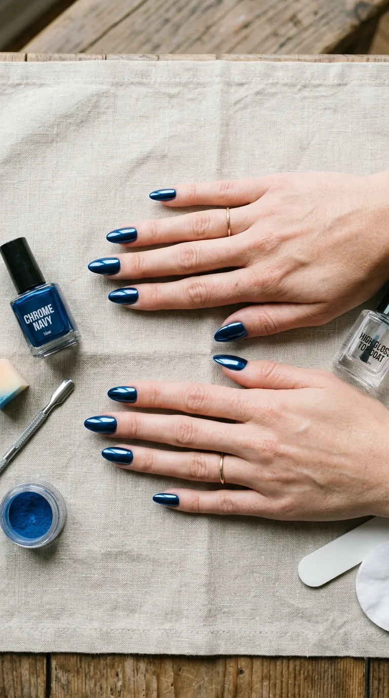Full navy chrome nails manicure set