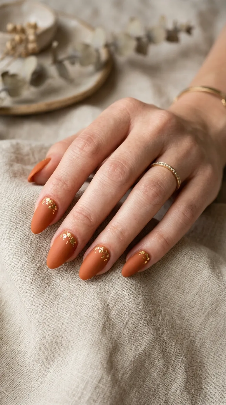 Matte terracotta nails with gold foil flecks