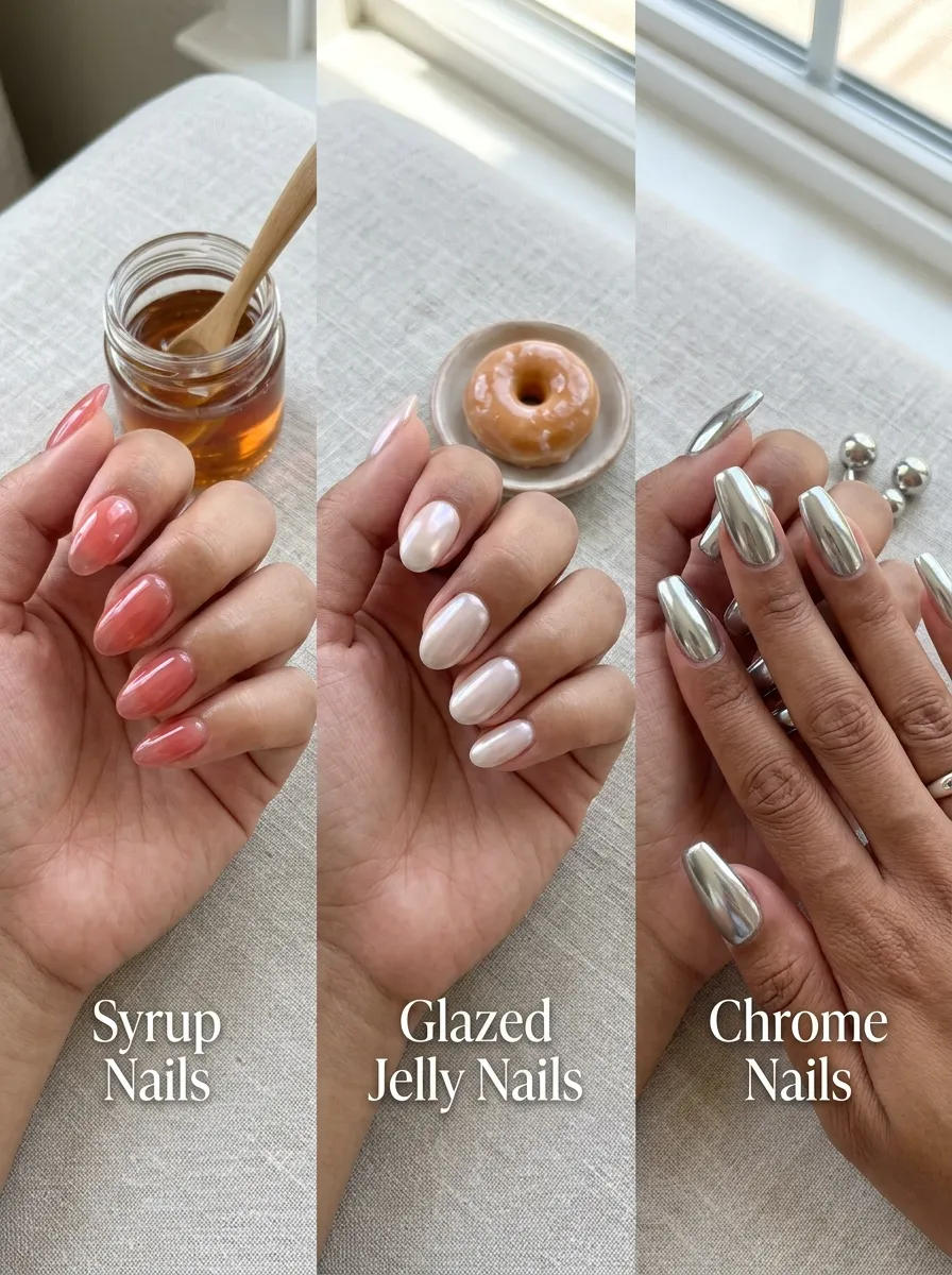 syrup nails vs glazed jelly vs chrome nails comparison