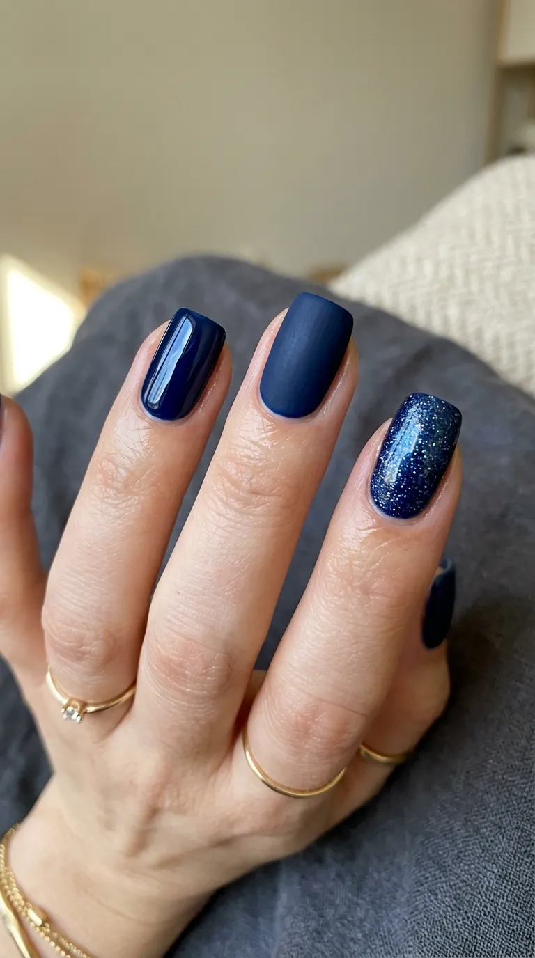 Midnight blue nails glossy matte shimmer finishes