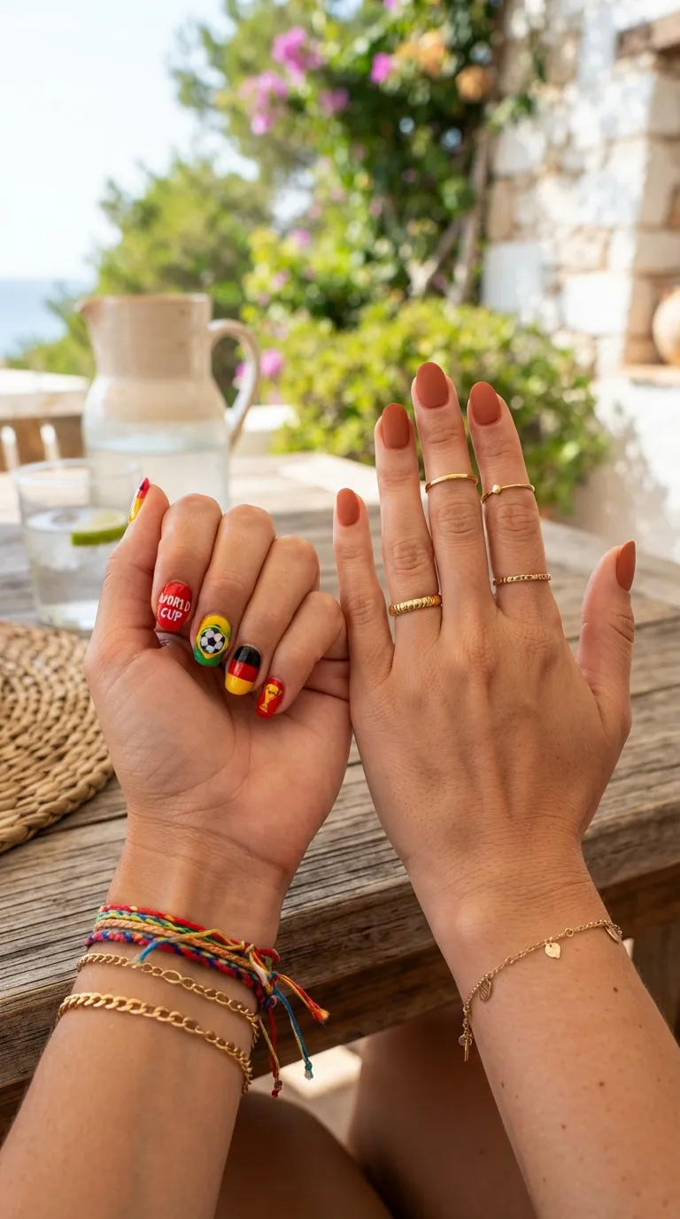 Two hands side by side with World Cup and Mediterranean Spain nails