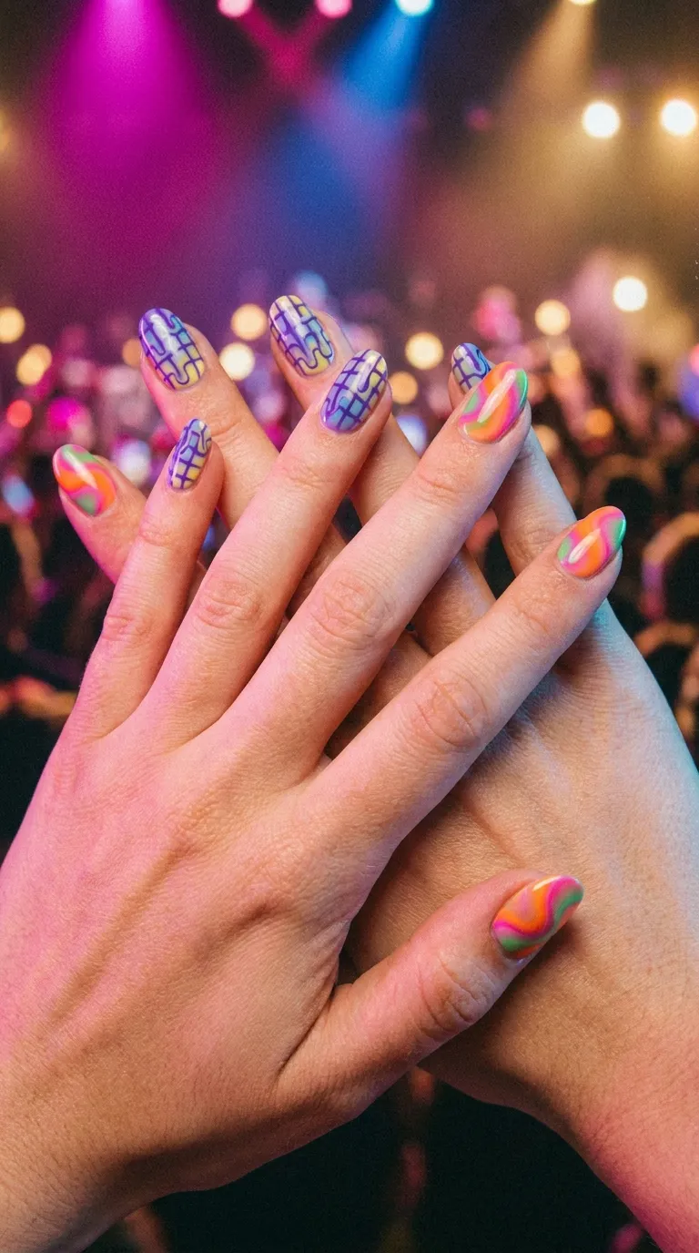 Two hands with different Tame Impala nails designs