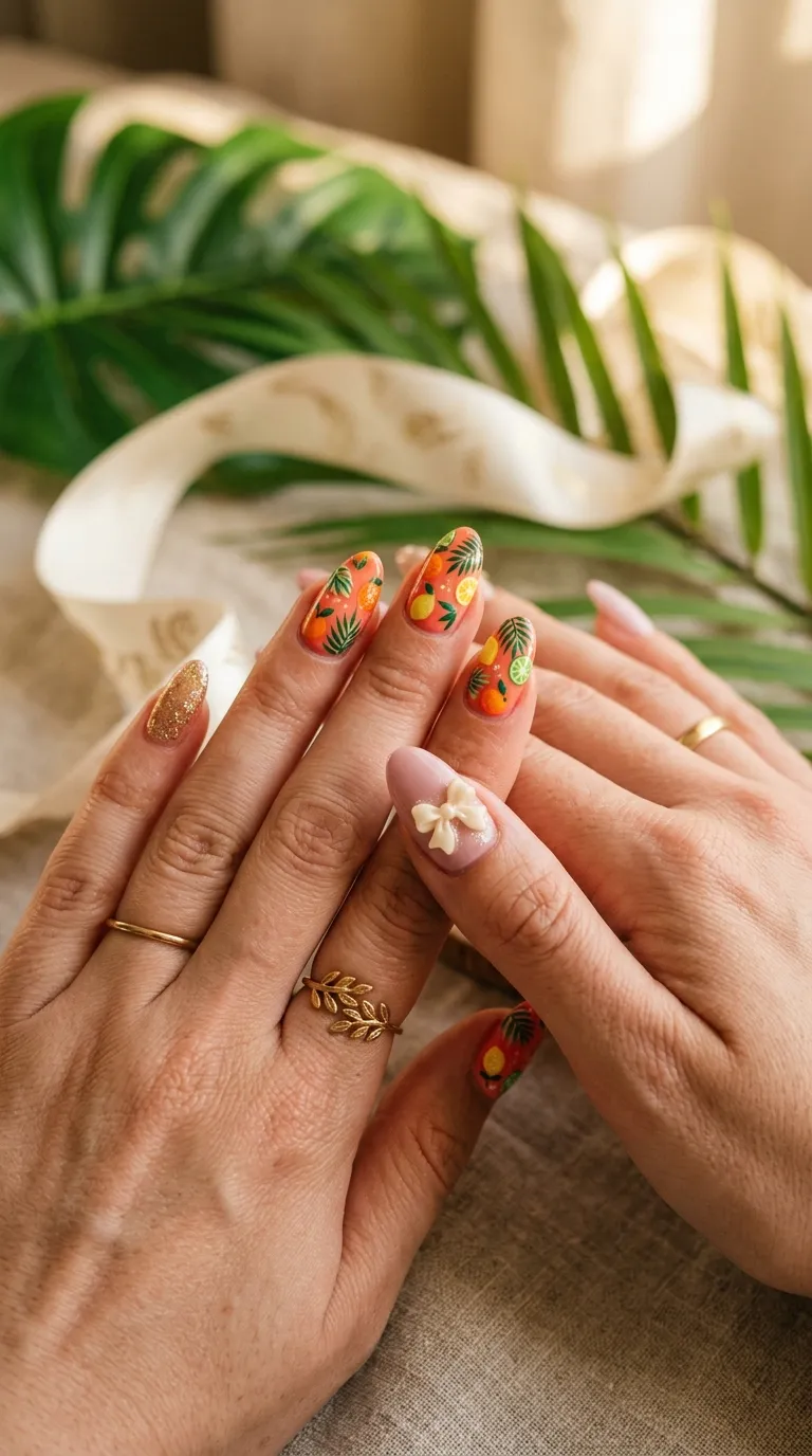 Two hands with citrus and bow-charm tropicoqueta nails