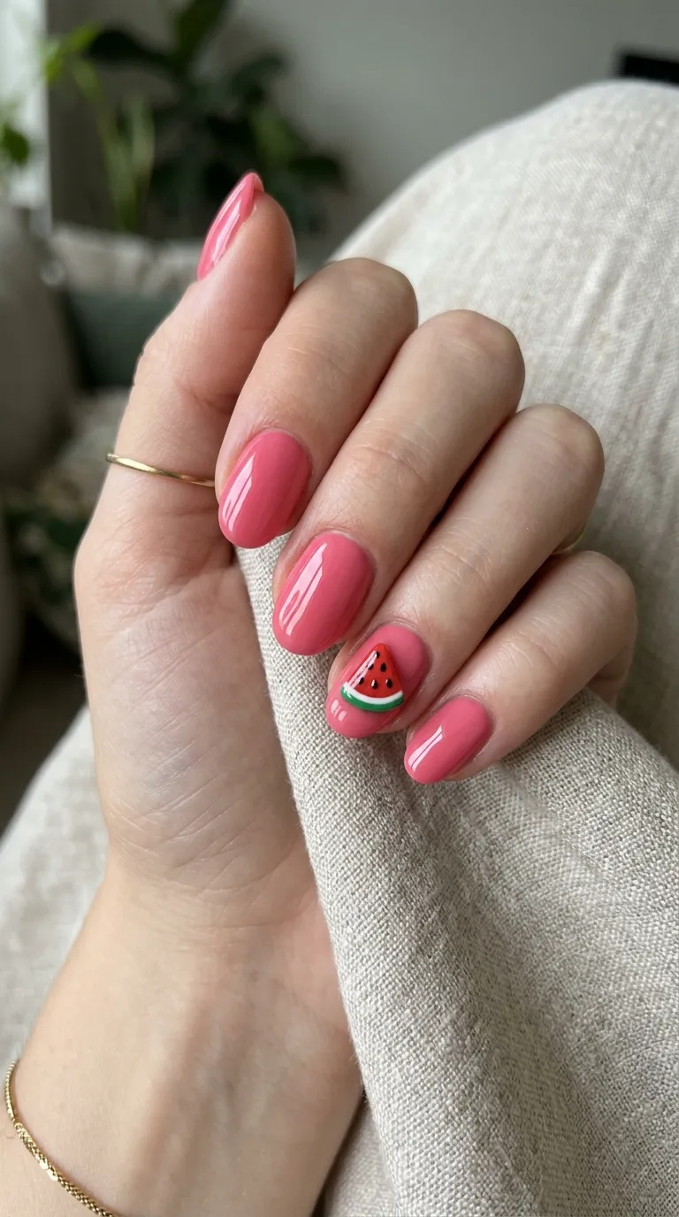 Watermelon fruit charm on a glossy accent nail