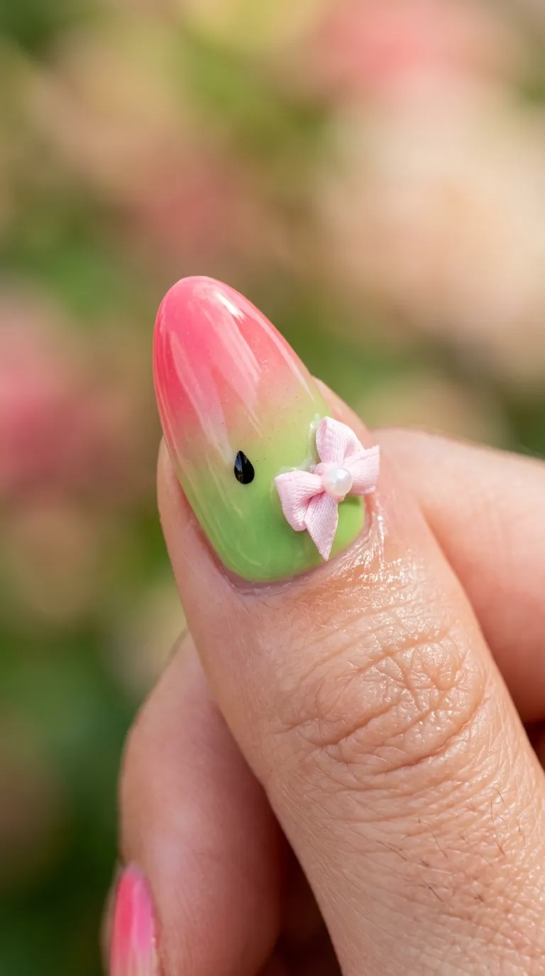 Watermelon tropicoqueta nails gradient with seed detail