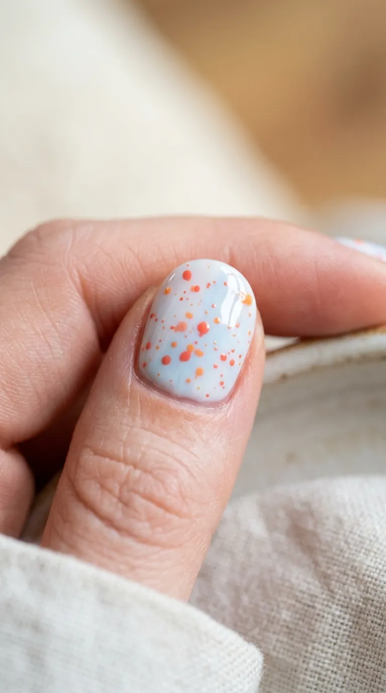 Coral splash accent surfside nails on a white and pale blue base