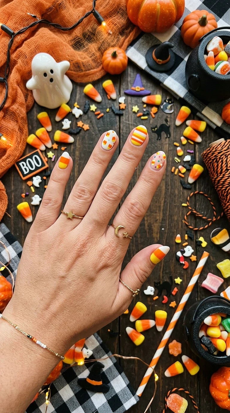 goofy halloween nails - Candy corn nail art