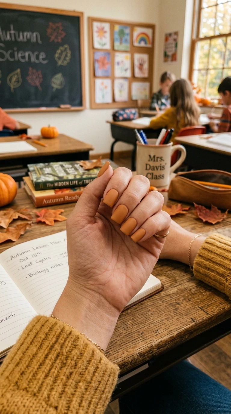 back to school nails square - Caramel square nails close-up
