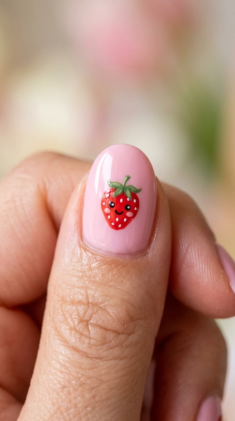 goofy nails - Cartoon strawberry painted on nail