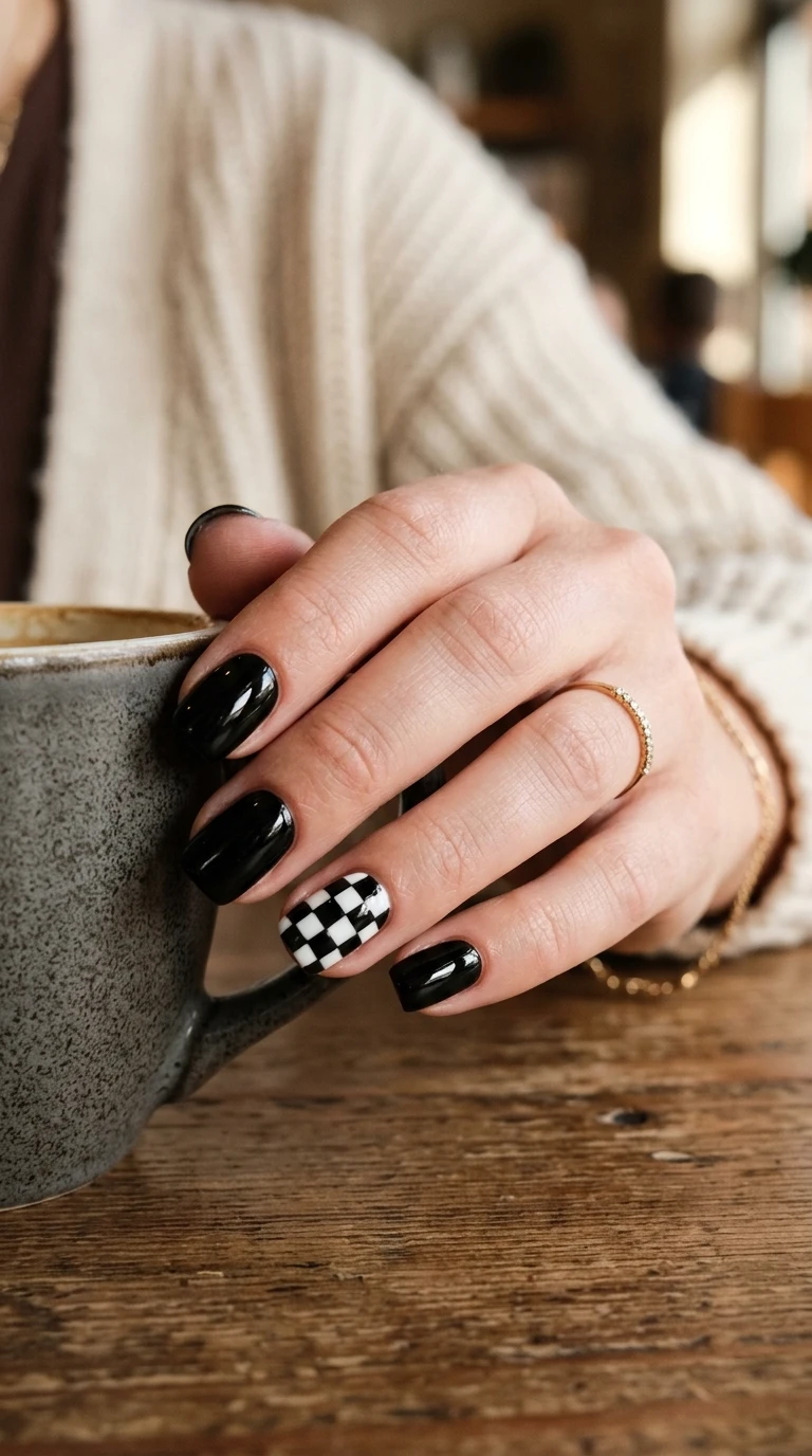 back to school nail ideas - Checkered accent nail close up