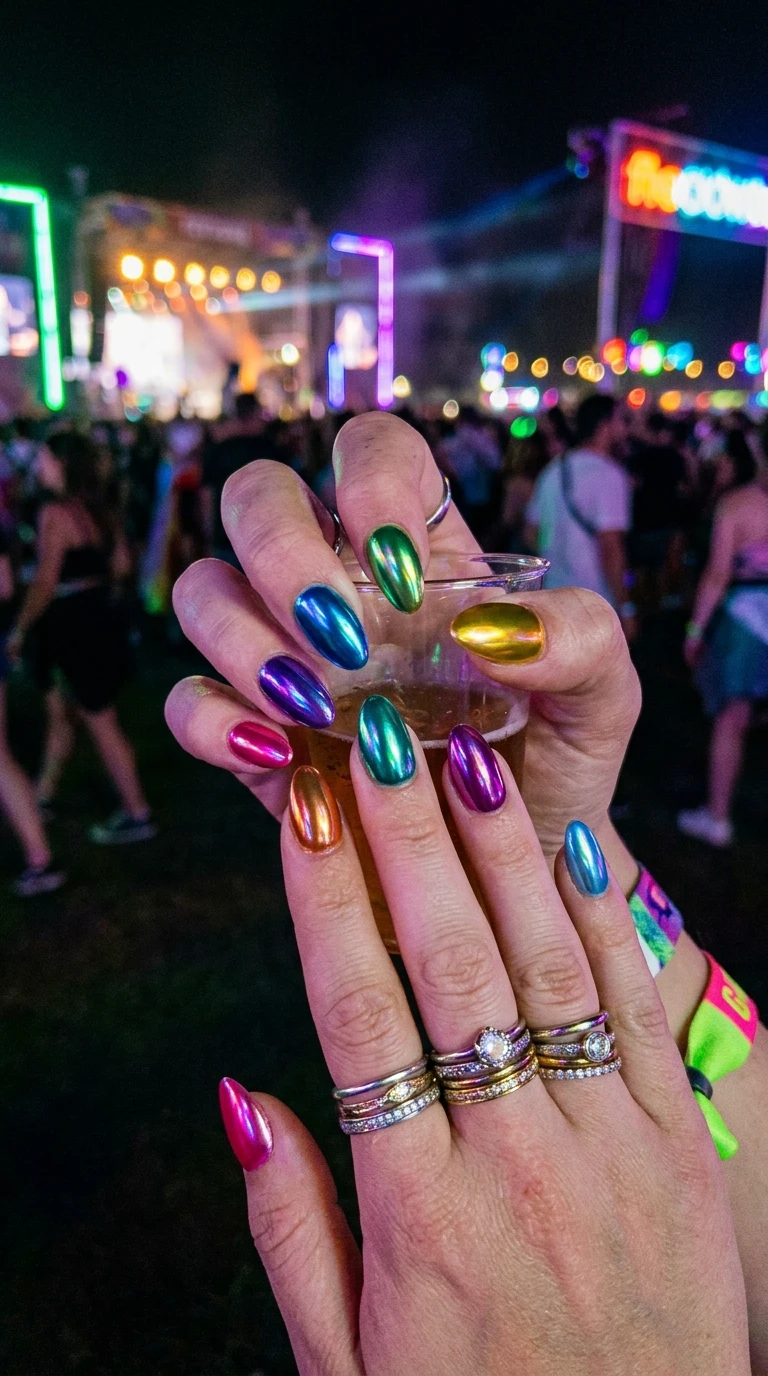 festival nails - Chrome rainbow nails closeup