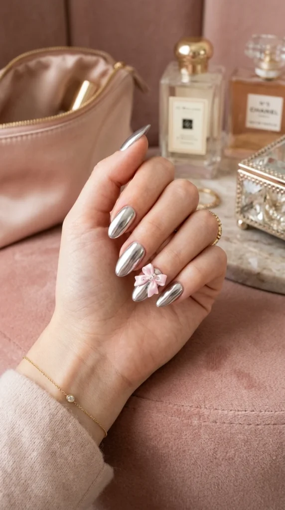 karol g nails ideas - Chrome silver manicure with bow