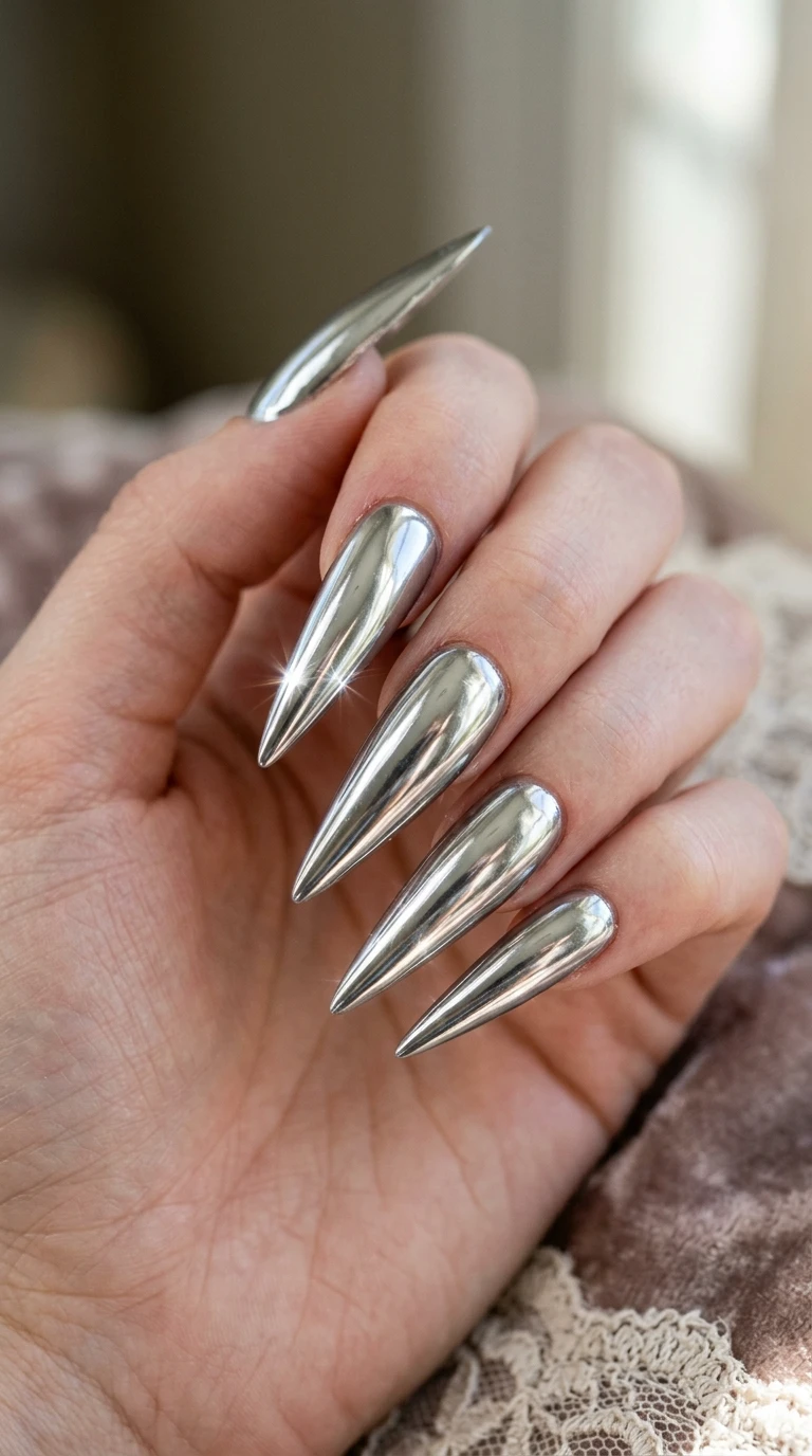 stiletto nail art ideas - Chrome stiletto nails catching l