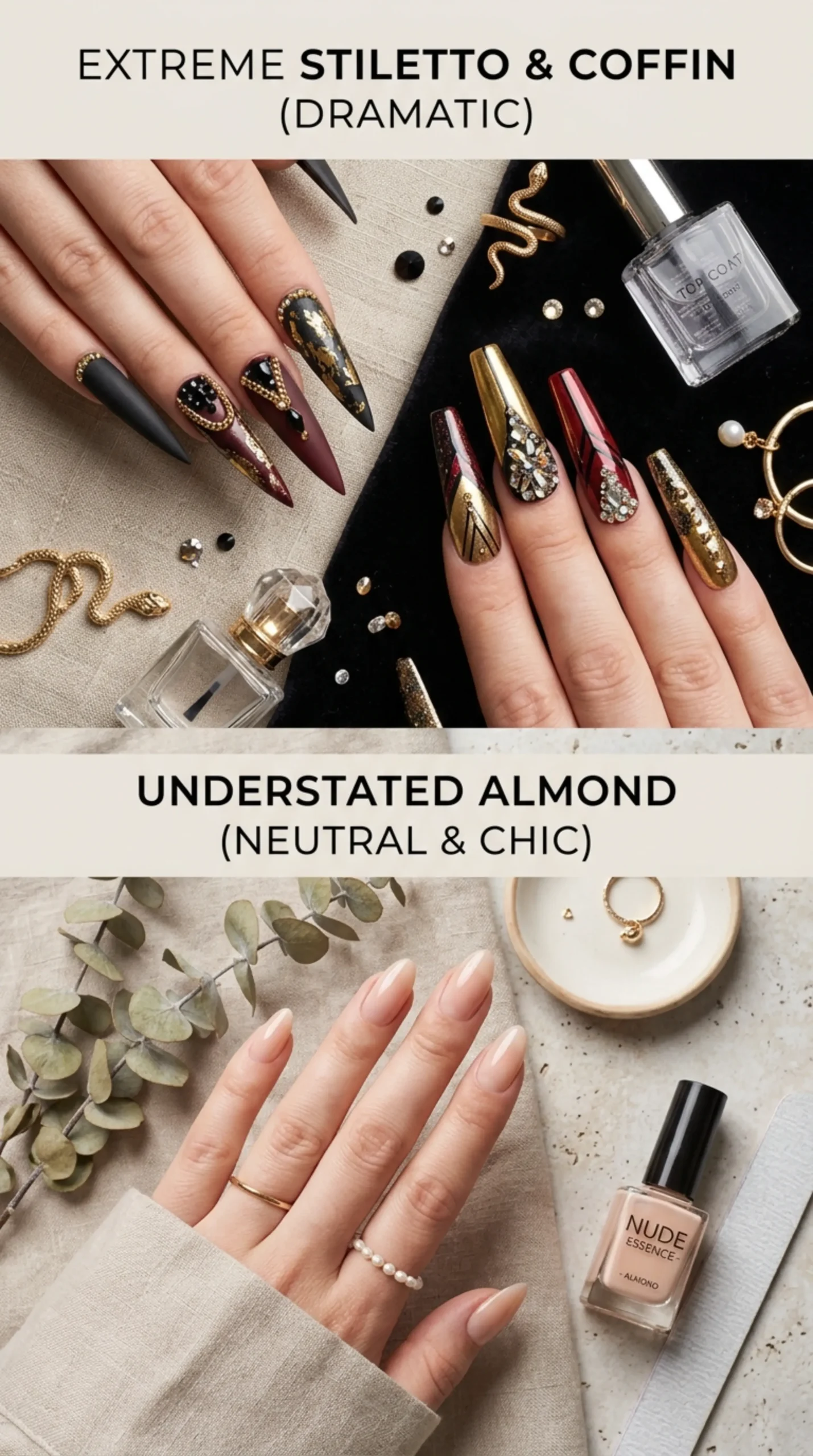 Flat lay comparison of stiletto and coffin nail shapes