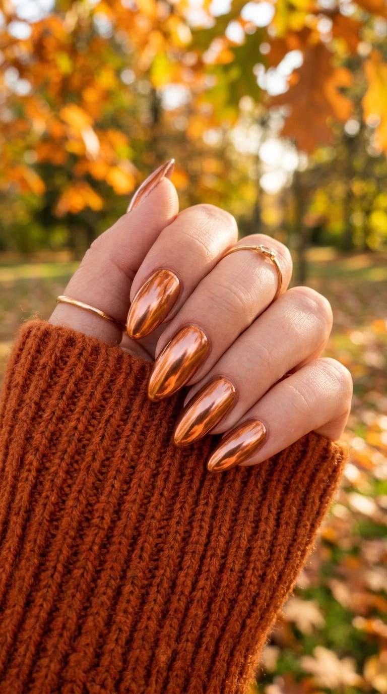 fall nail designs - Copper chrome nails catching light